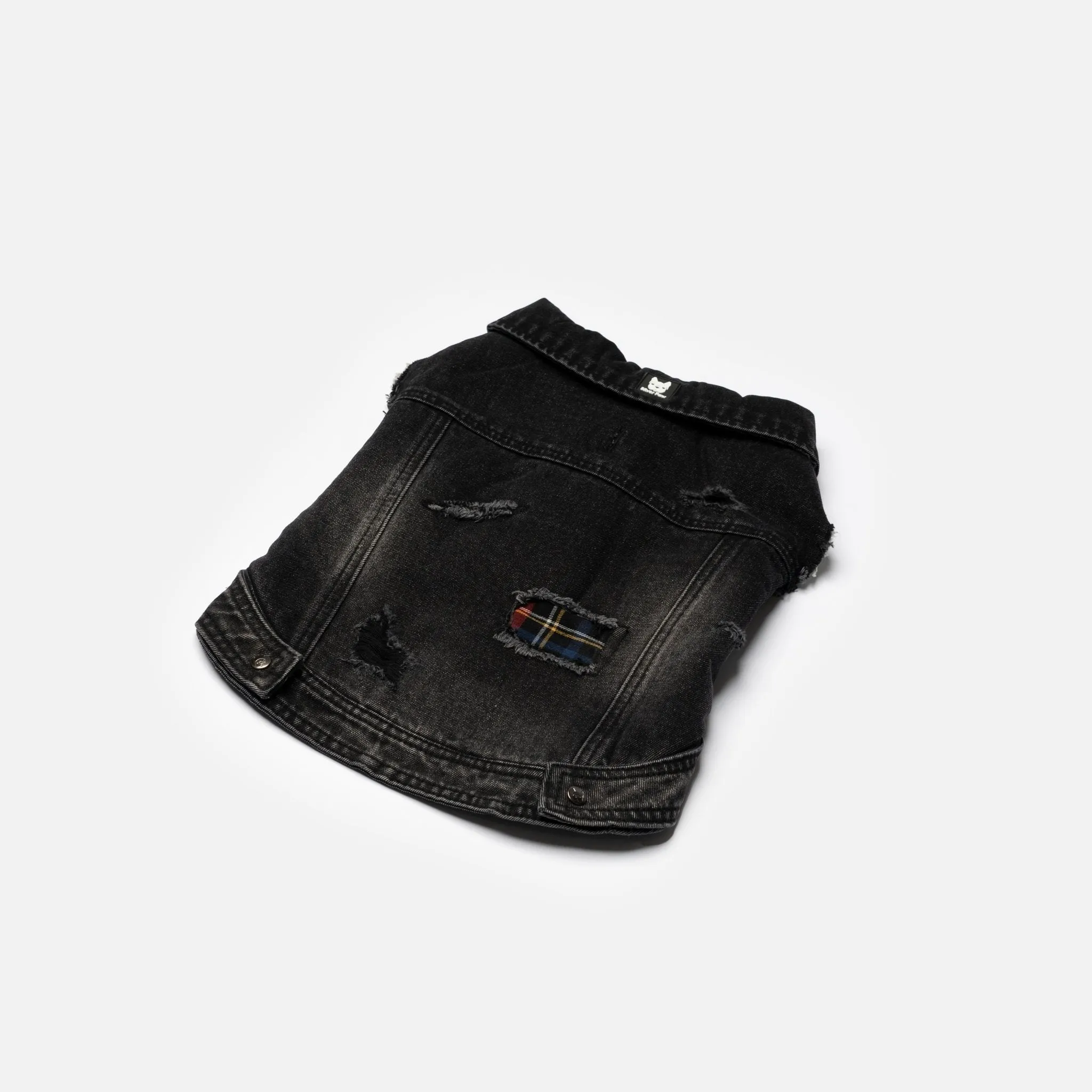 🖤 Spencer Dog Jacket – Distressed Denim with Sherpa Lining & Matte Snaps