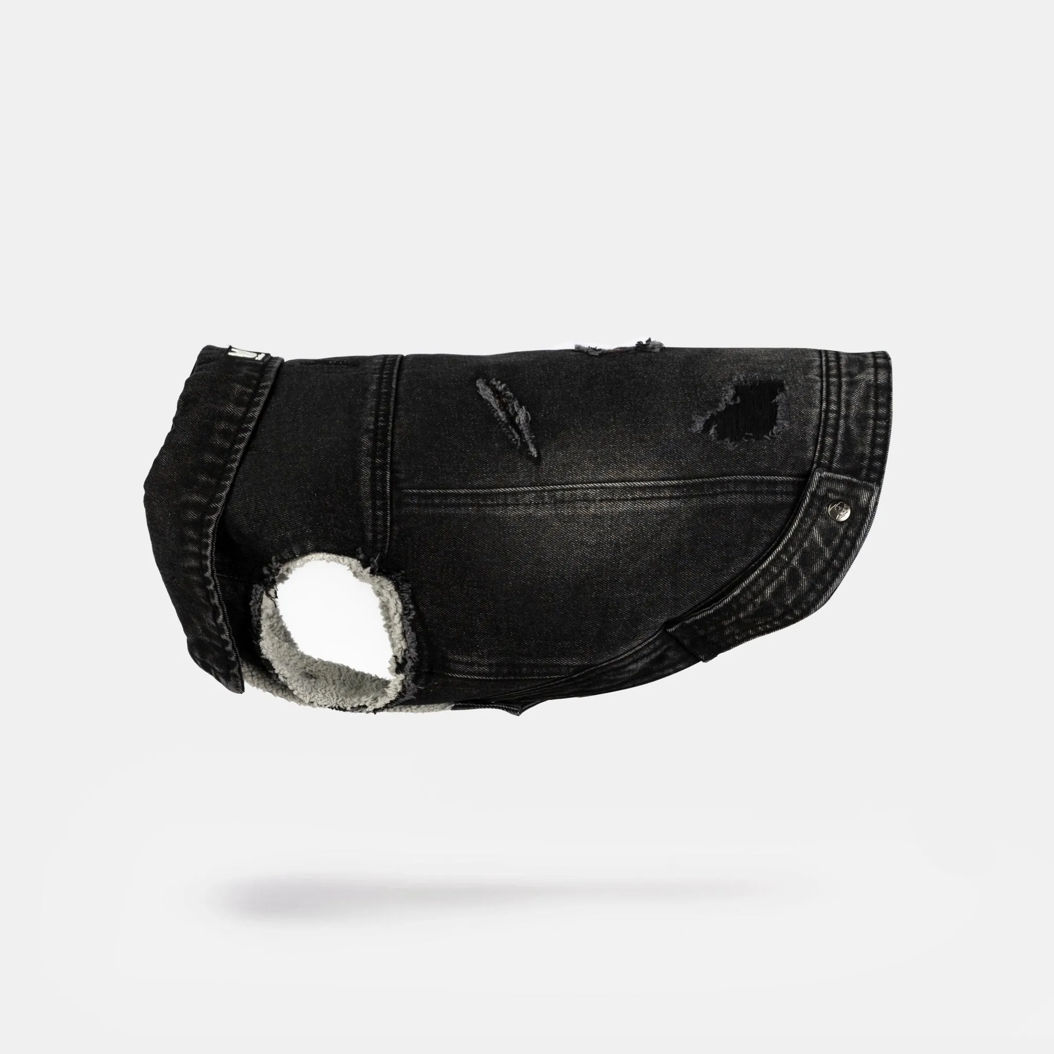 🖤 Spencer Dog Jacket – Distressed Denim with Sherpa Lining & Matte Snaps