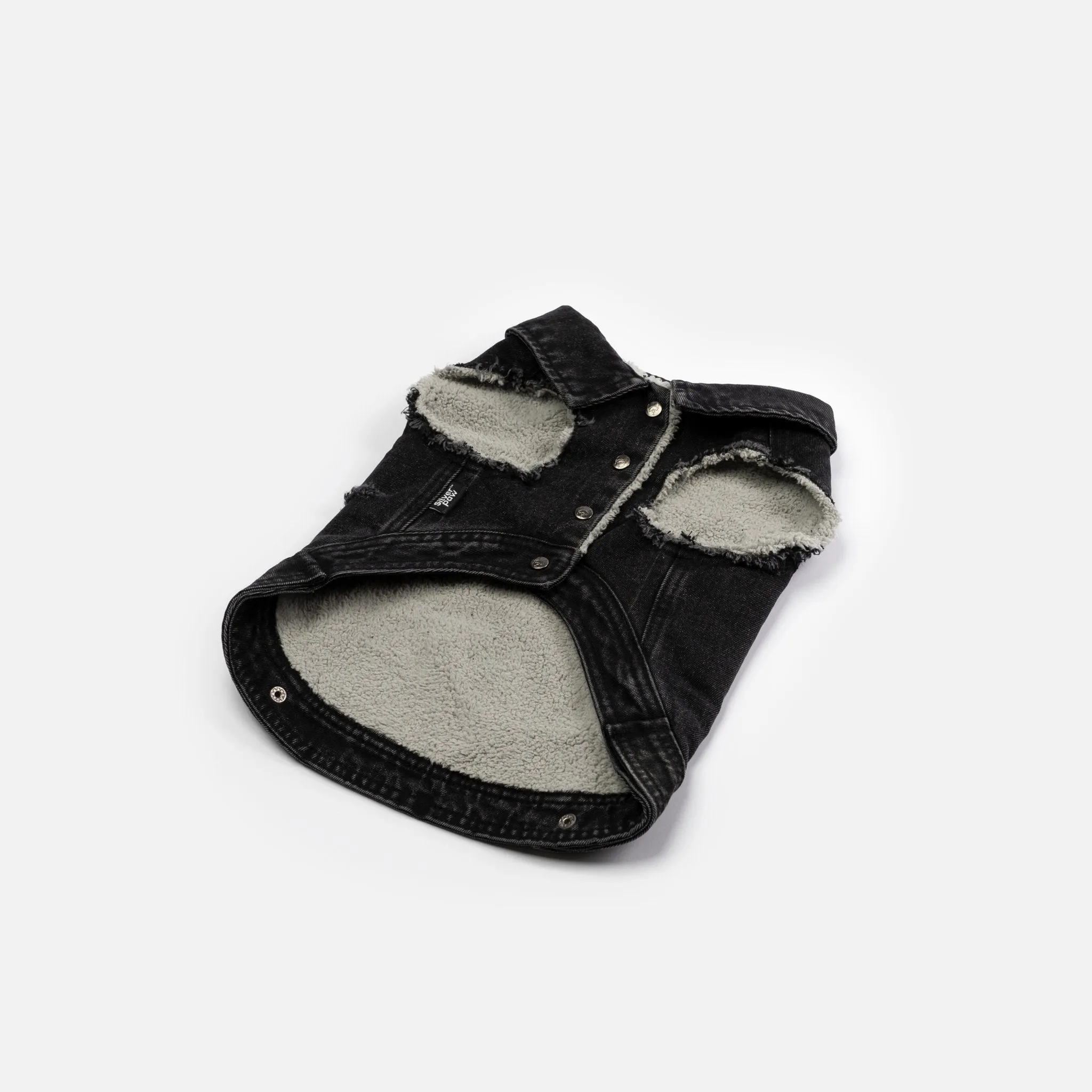 🖤 Spencer Dog Jacket – Distressed Denim with Sherpa Lining & Matte Snaps
