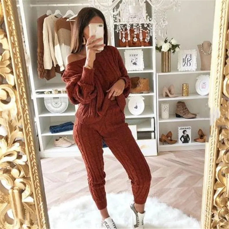 2 Piece Set Casual Knitted Tracksuit Sportswear Warm Sweater   Long Pants Outfits