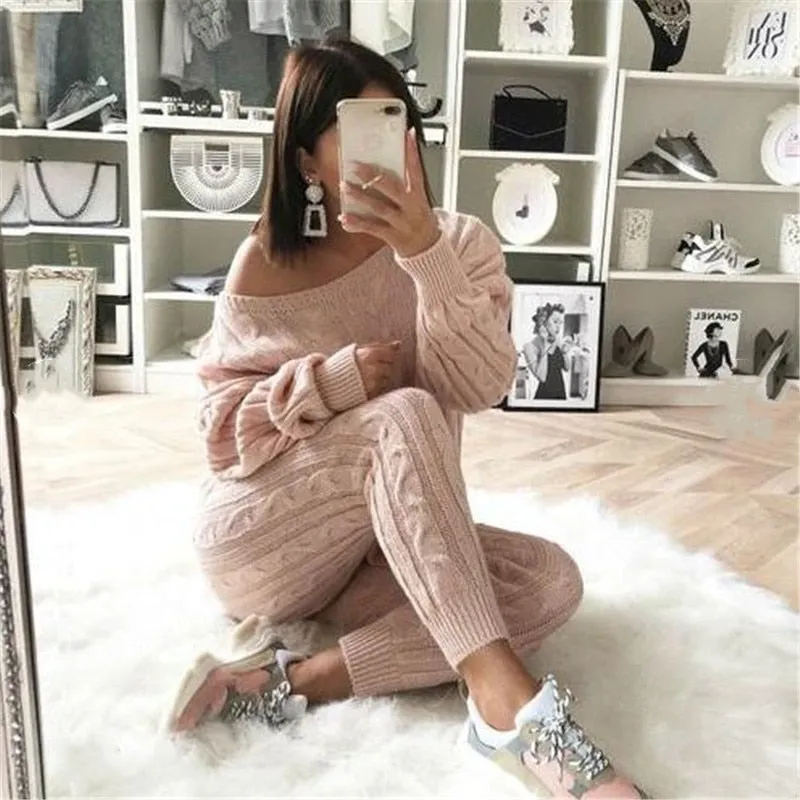 2 Piece Set Casual Knitted Tracksuit Sportswear Warm Sweater   Long Pants Outfits