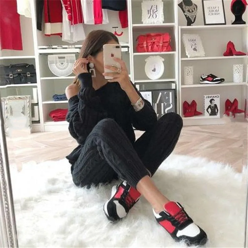 2 Piece Set Casual Knitted Tracksuit Sportswear Warm Sweater   Long Pants Outfits