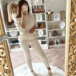 2 Piece Set Casual Knitted Tracksuit Sportswear Warm Sweater   Long Pants Outfits