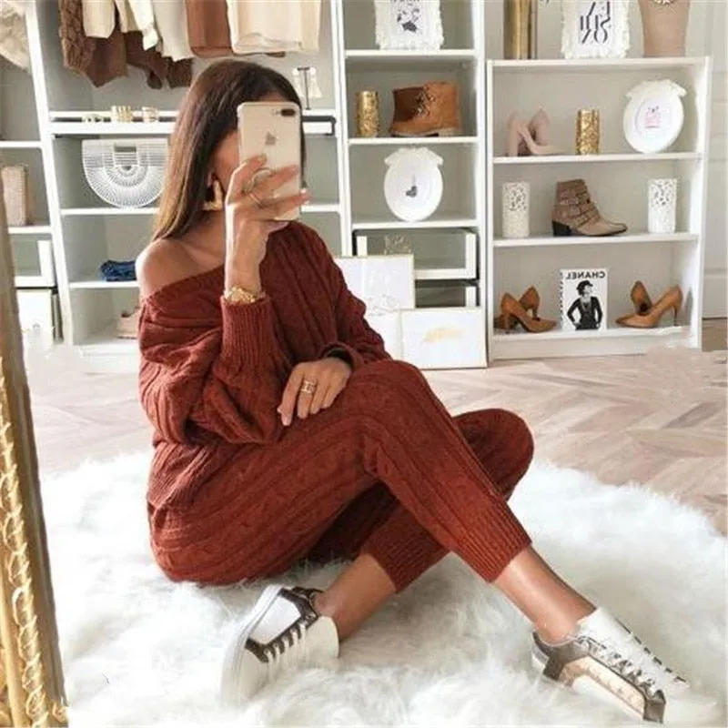 2 Piece Set Casual Knitted Tracksuit Sportswear Warm Sweater   Long Pants Outfits