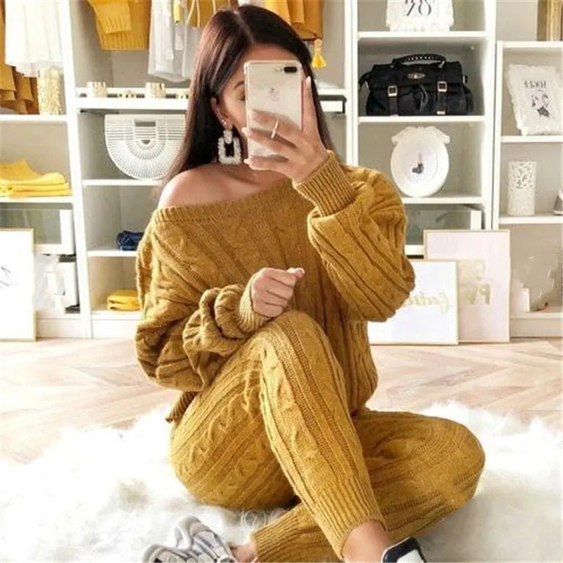 2 Piece Set Casual Knitted Tracksuit Sportswear Warm Sweater   Long Pants Outfits