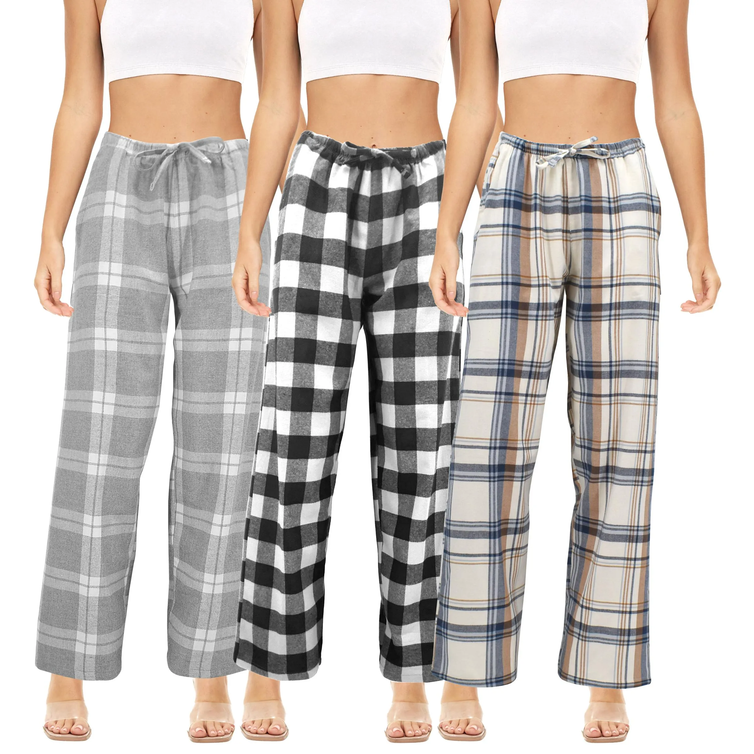 3 Pack Women's Cotton Flannel Plaid Drawstring Lounge Pants