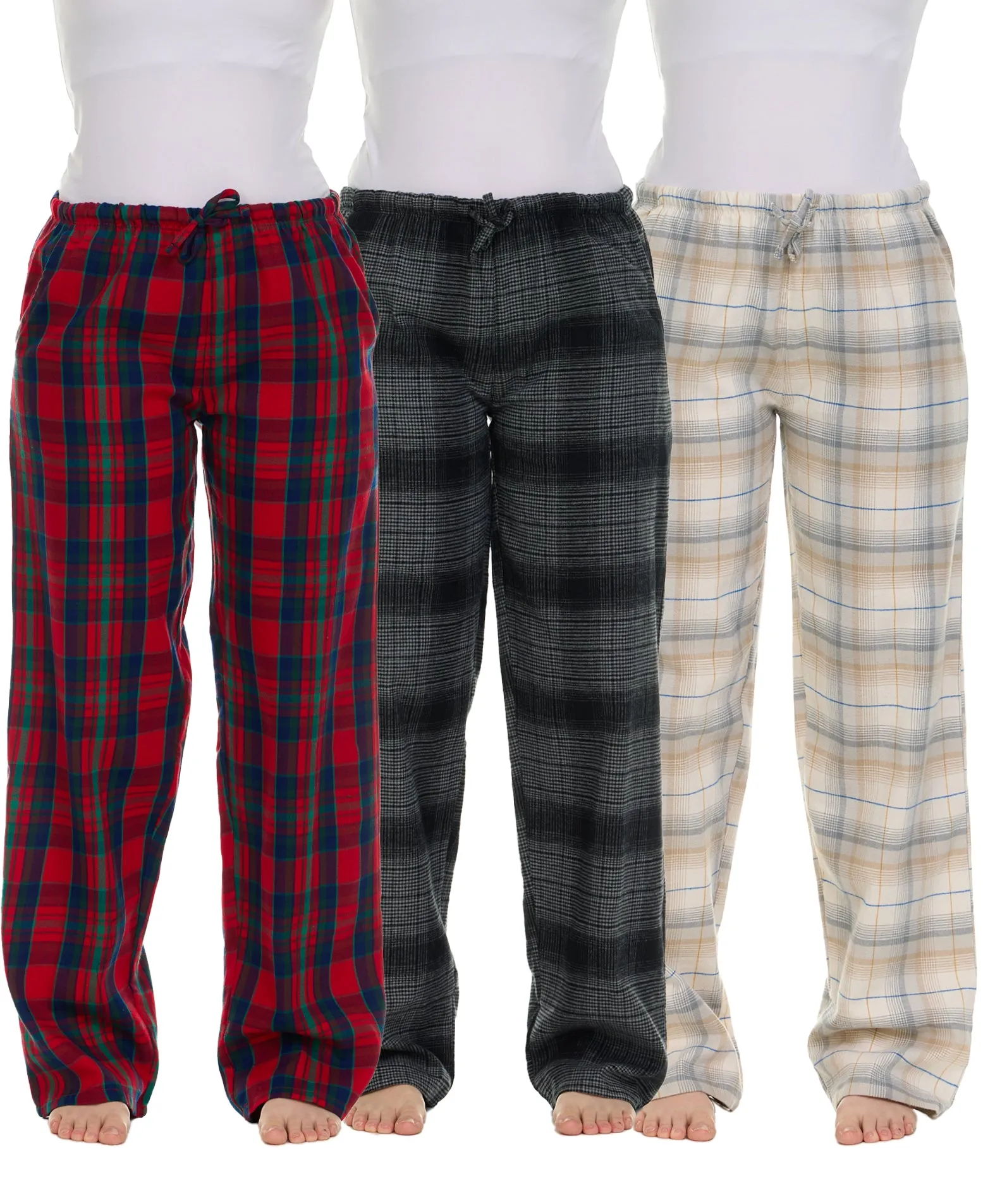 3 Pack Women's Cotton Flannel Plaid Drawstring Lounge Pants