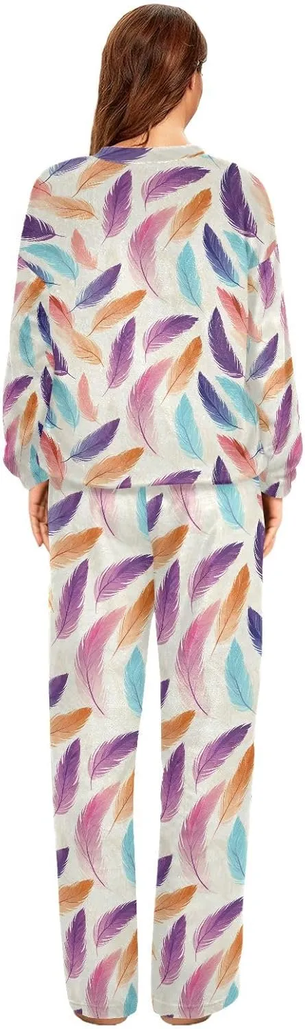 ALAZA Bird Colorful Feather Women's Pajama Set Long Sleeve Top Drawstring Pockets Pants Warm Cozy Loungewear,S