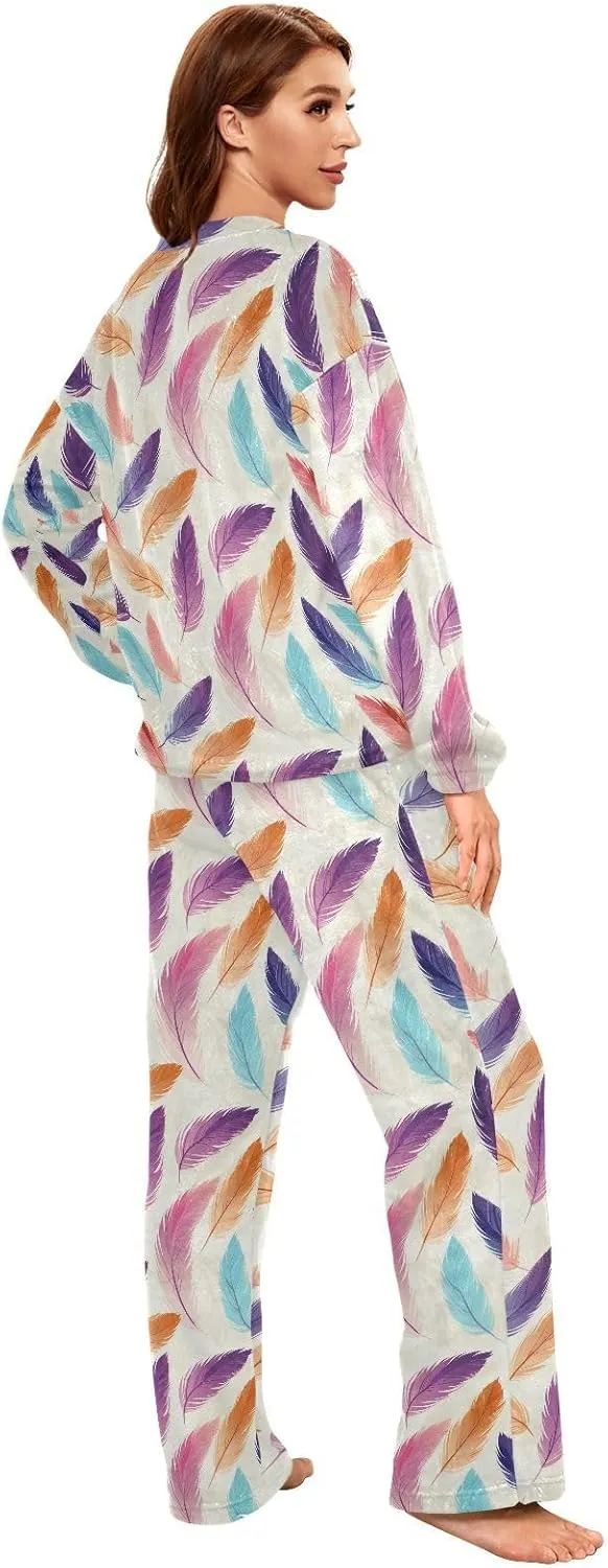 ALAZA Bird Colorful Feather Women's Pajama Set Long Sleeve Top Drawstring Pockets Pants Warm Cozy Loungewear,S