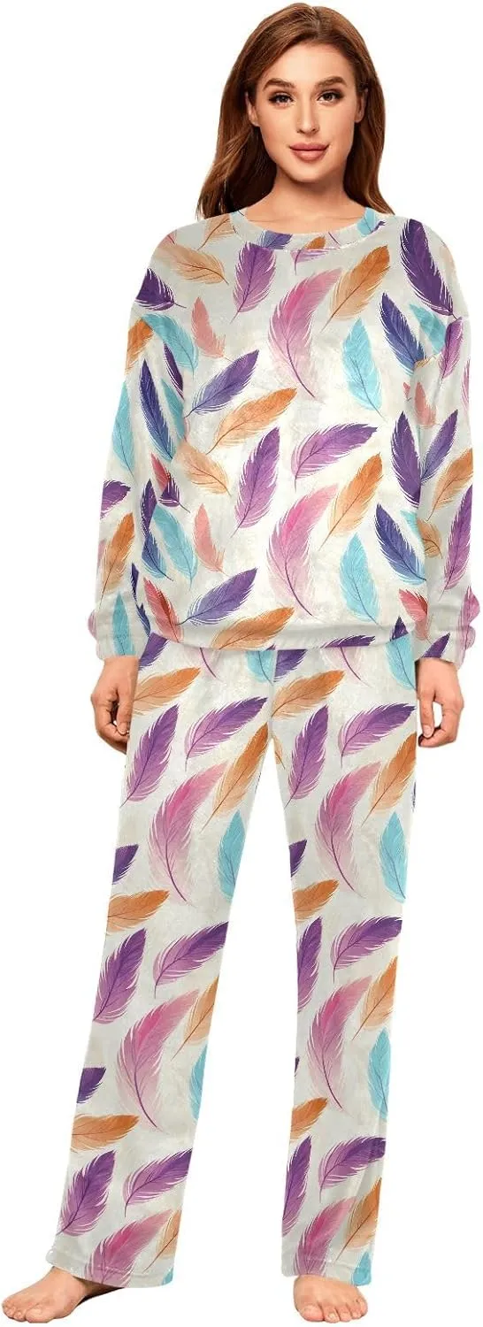 ALAZA Bird Colorful Feather Women's Pajama Set Long Sleeve Top Drawstring Pockets Pants Warm Cozy Loungewear,S