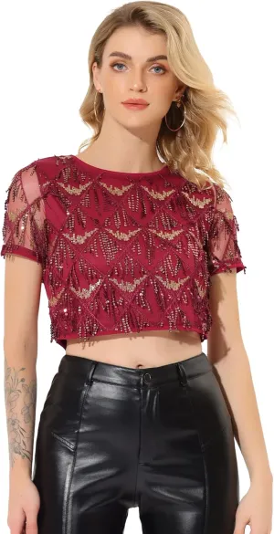 Allegra K Women's Sequin Shiny Glitter Crop Top Christmas Short Sleeves Sexy Party Tassel T-Shirt