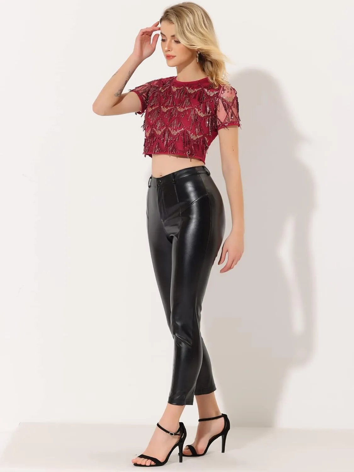 Allegra K Women's Sequin Shiny Glitter Crop Top Christmas Short Sleeves Sexy Party Tassel T-Shirt