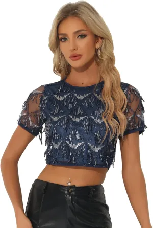 Allegra K Women's Sequin Shiny Glitter Crop Top Christmas Short Sleeves Sexy Party Tassel T-Shirt