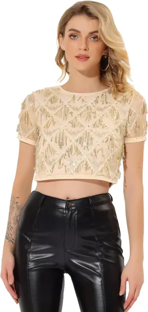 Allegra K Women's Sequin Shiny Glitter Crop Top Christmas Short Sleeves Sexy Party Tassel T-Shirt