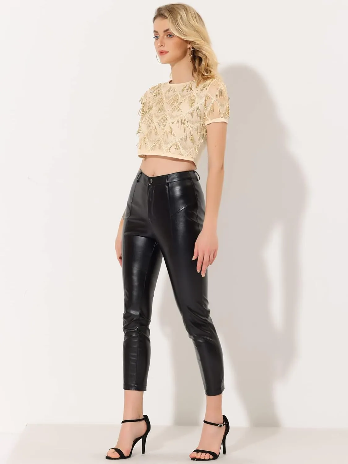 Allegra K Women's Sequin Shiny Glitter Crop Top Christmas Short Sleeves Sexy Party Tassel T-Shirt