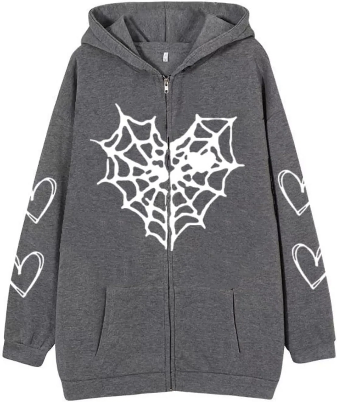Aobiono Women Men Y2K Zip Up Oversized Hoodie Gothic Spider Web Heart Emo Grunge Jacket Alt Graphic Baggy Dark Academia 90s