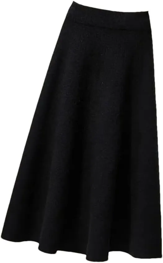 Autumn Knitted Pleated Skirt Women's Midi Elastic High Waist A-Line Sweater Skirt Female Winter Black Wool Long Skirt
