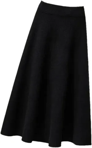 Autumn Knitted Pleated Skirt Women's Midi Elastic High Waist A-Line Sweater Skirt Female Winter Black Wool Long Skirt