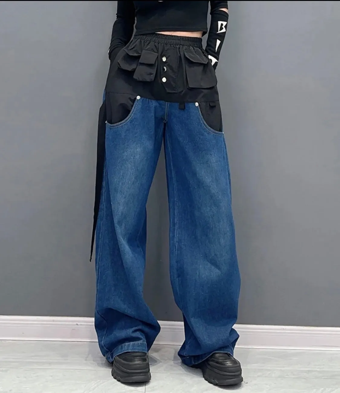 Black - 2 Blocks Denim Pants with pockets - New New 