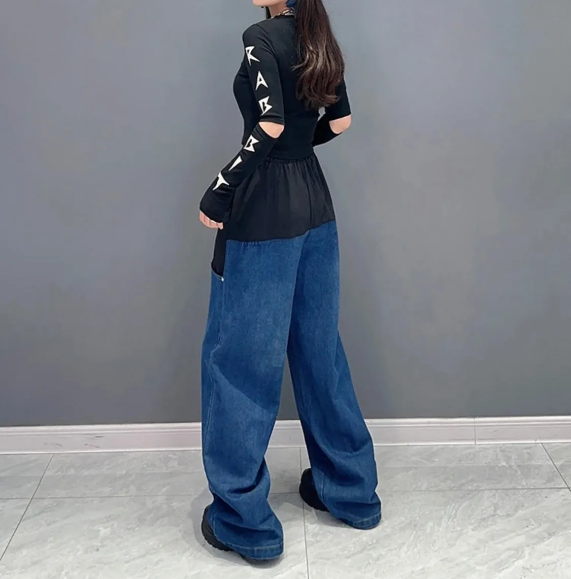 Black - 2 Blocks Denim Pants with pockets - New New 