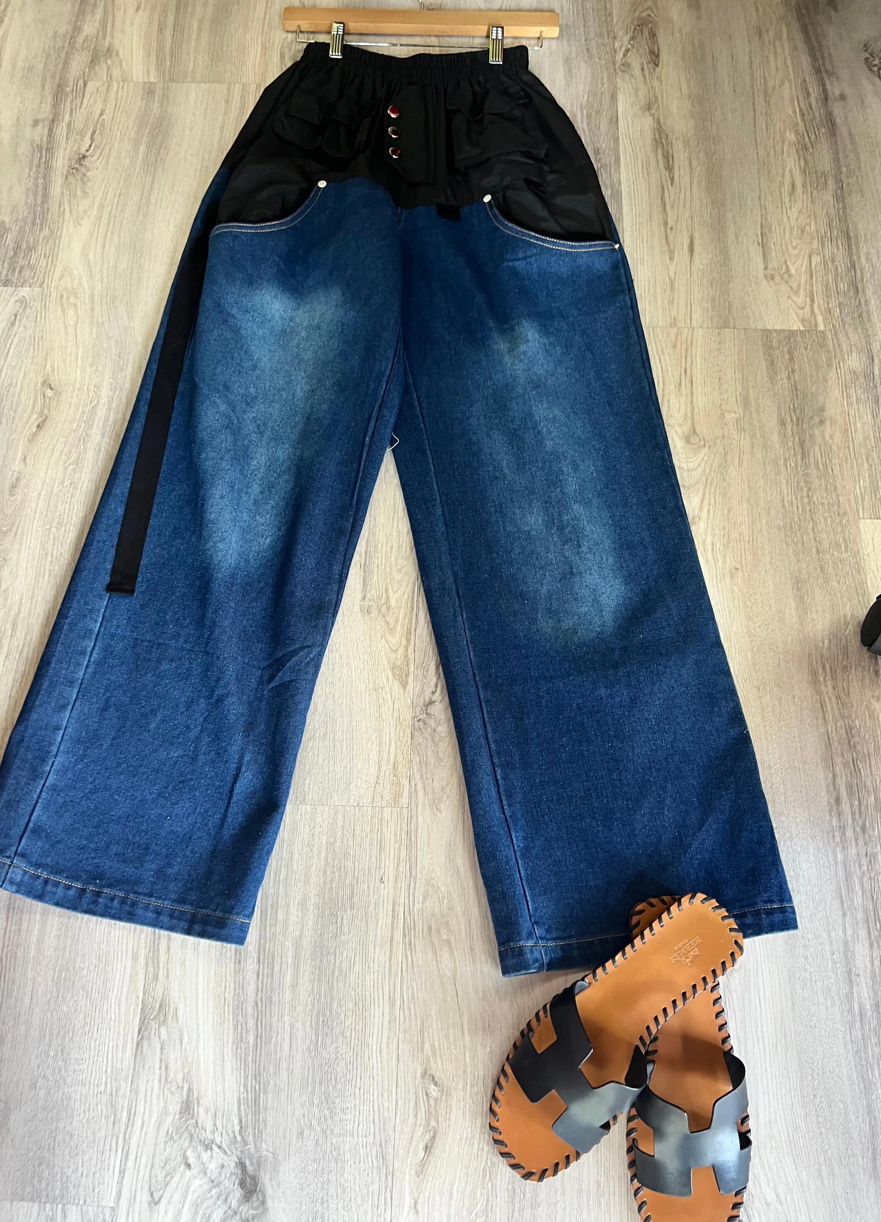 Black - 2 Blocks Denim Pants with pockets - New New 