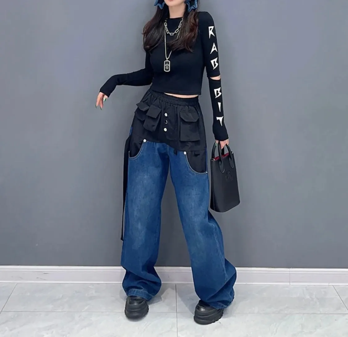 Black - 2 Blocks Denim Pants with pockets - New New 