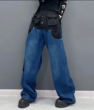 Black - 2 Blocks Denim Pants with pockets - New New 