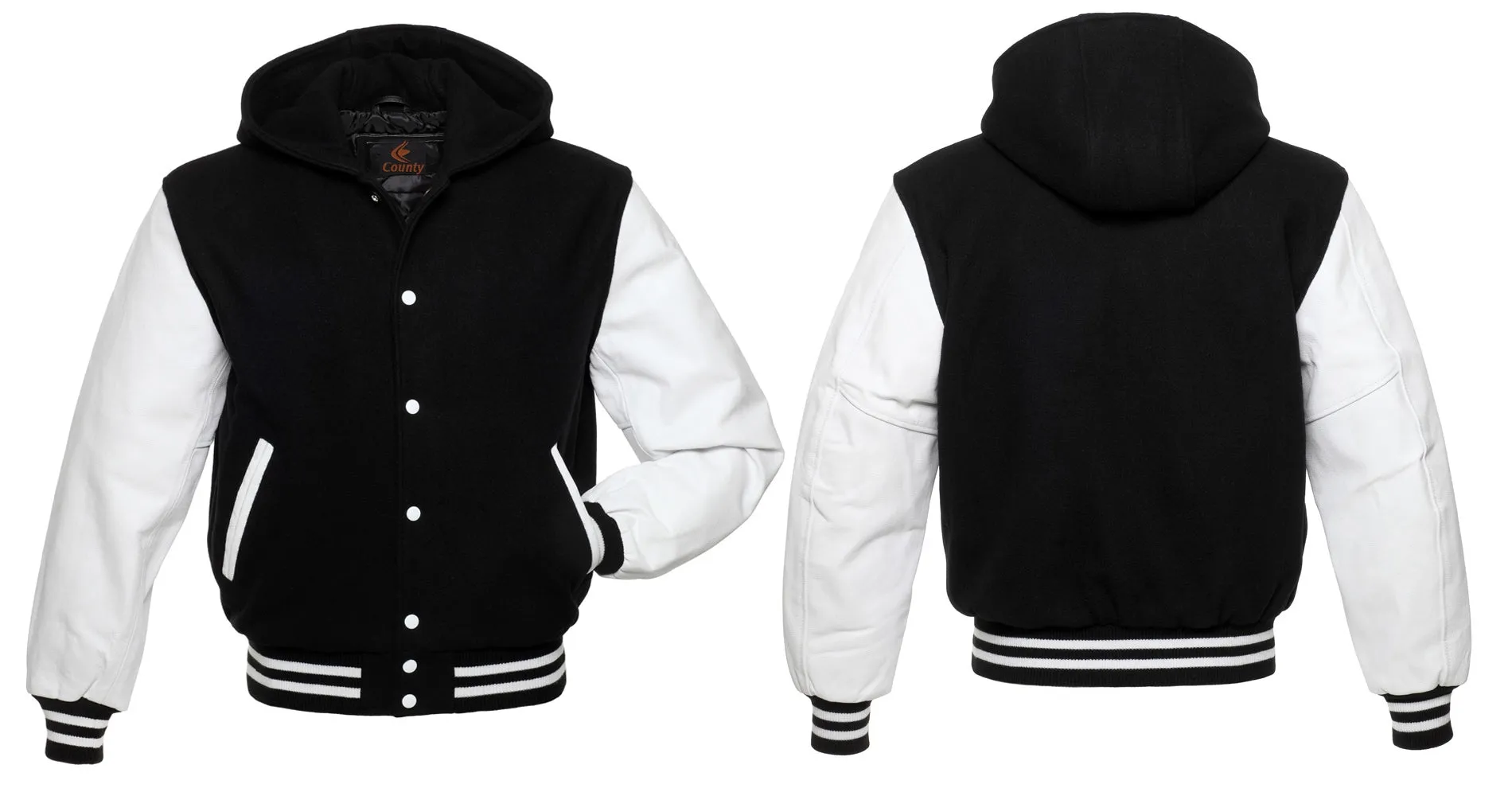 Bomber Varsity Letterman Baseball Hoodie Jacket Black Body White Leather Sleeves