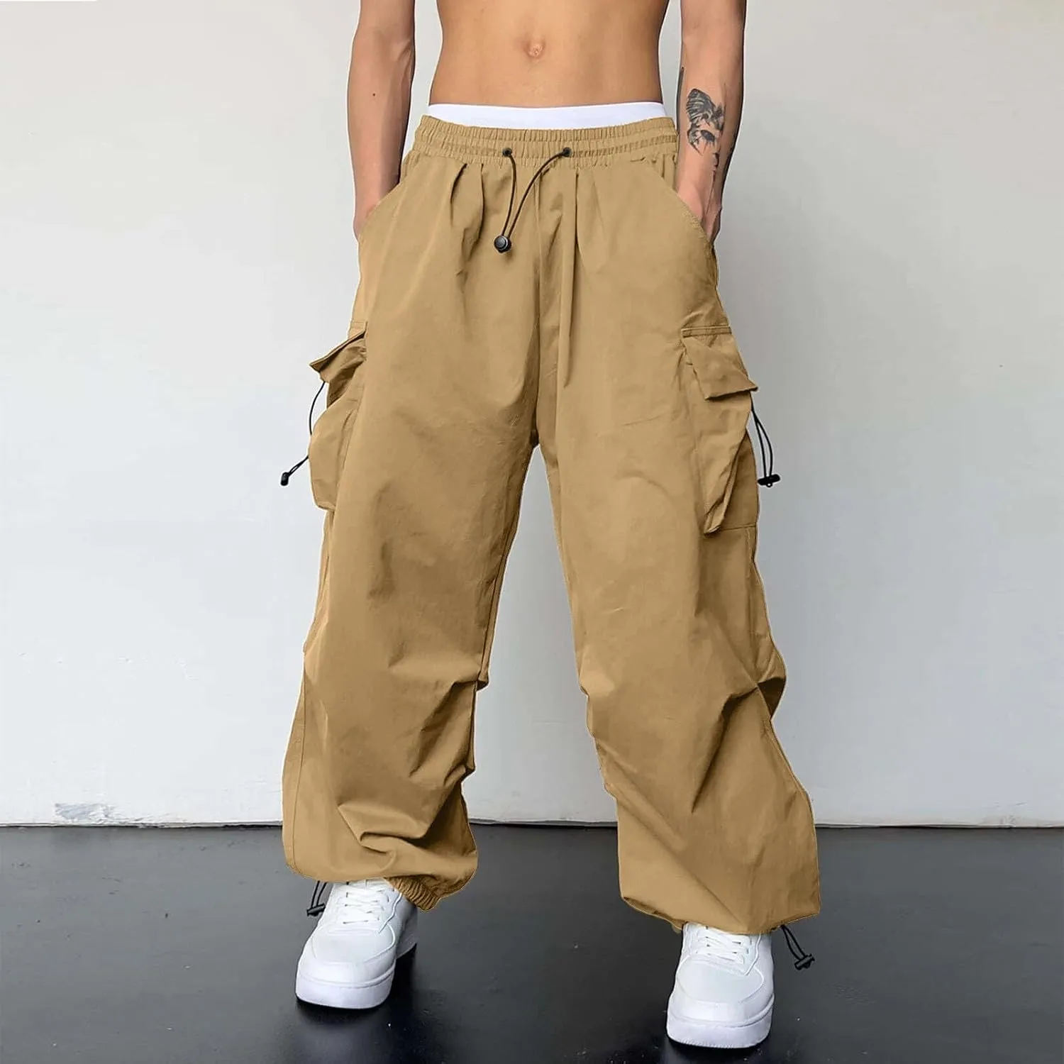 Cargo Combat Pant for Men Elastic Waist Work Pant Multi Pockets Casual Wide Leg Cargo Joggers Men