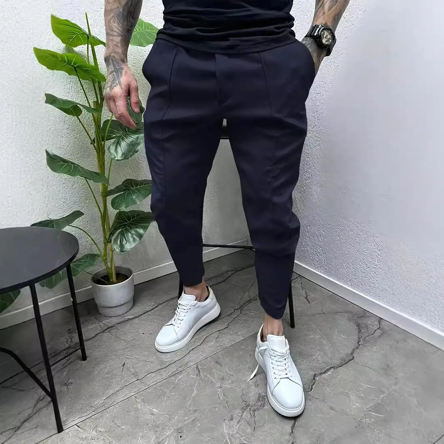 Cargo Pants for Men Slim Fit Stretch Joggers Pant Elastic Waist Drawstring Tapered Work Trousers with Multi Pockets