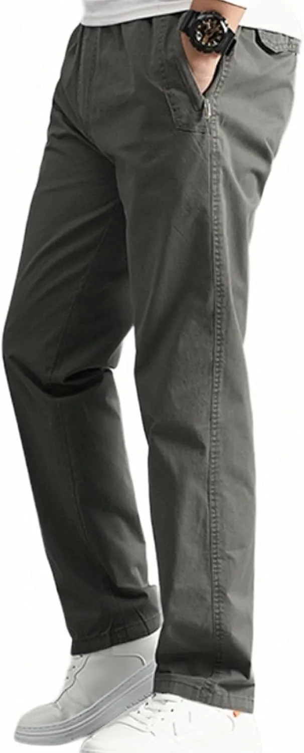 Cotton Men's Casual Chino Pants Elastic Relaxed Straight Leg Breathable Daily Travel Comfy Work Versatile Trousers