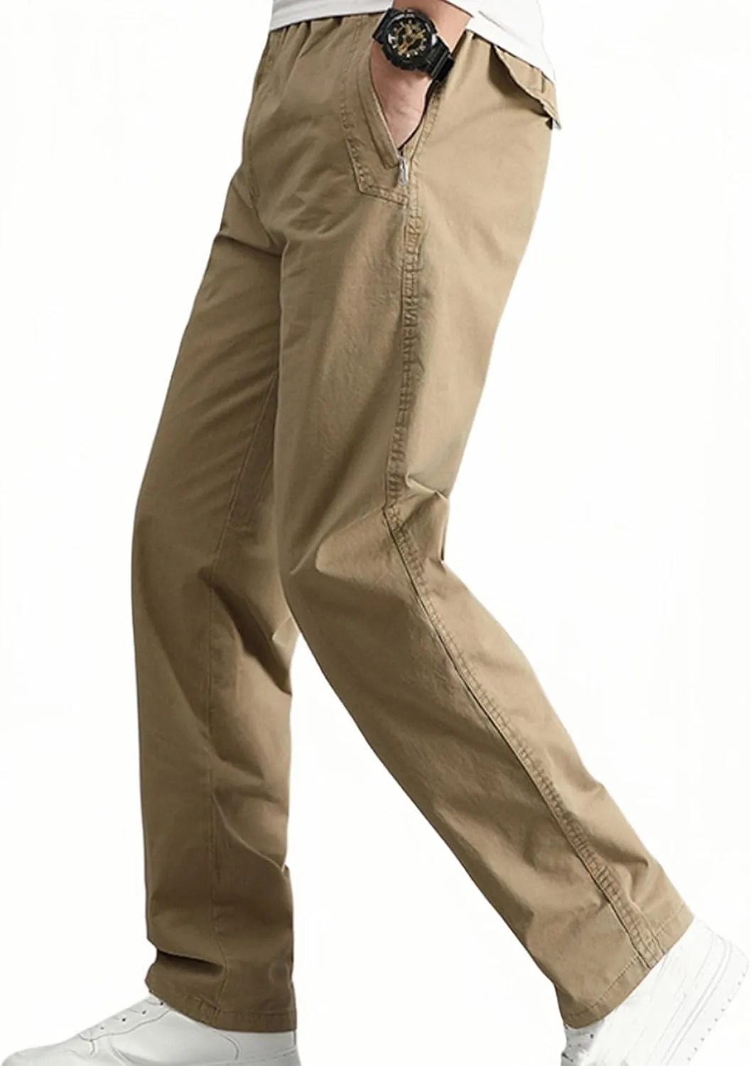 Cotton Men's Casual Chino Pants Elastic Relaxed Straight Leg Breathable Daily Travel Comfy Work Versatile Trousers