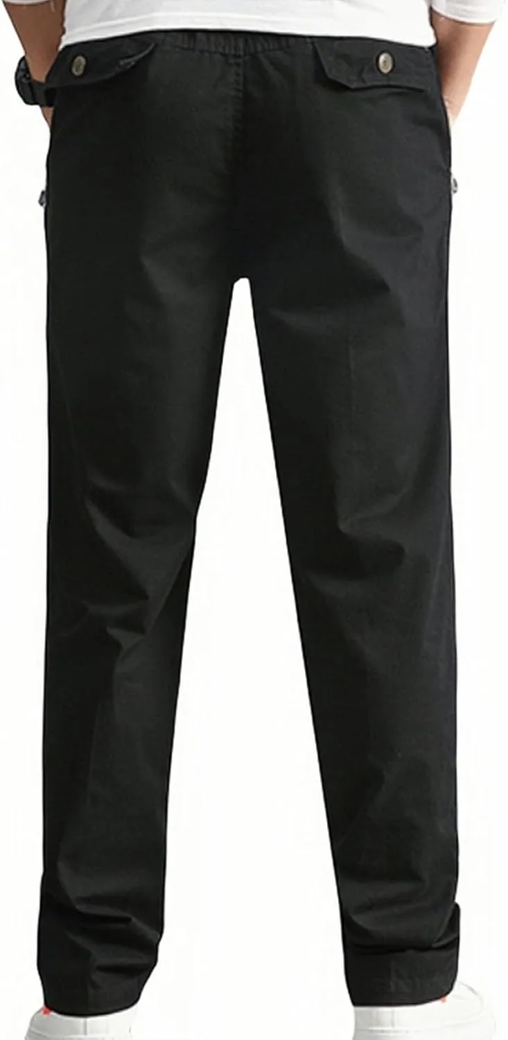 Cotton Men's Casual Chino Pants Elastic Relaxed Straight Leg Breathable Daily Travel Comfy Work Versatile Trousers