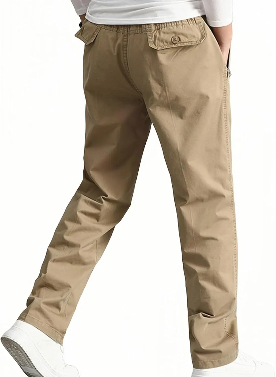Cotton Men's Casual Chino Pants Elastic Relaxed Straight Leg Breathable Daily Travel Comfy Work Versatile Trousers
