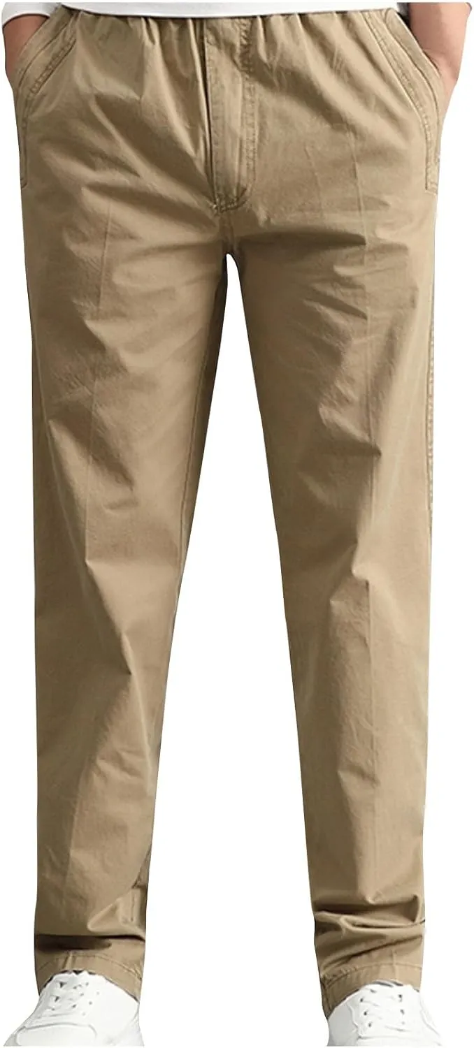 Cotton Men's Casual Chino Pants Elastic Relaxed Straight Leg Breathable Daily Travel Comfy Work Versatile Trousers