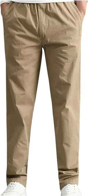 Cotton Men's Casual Chino Pants Elastic Relaxed Straight Leg Breathable Daily Travel Comfy Work Versatile Trousers