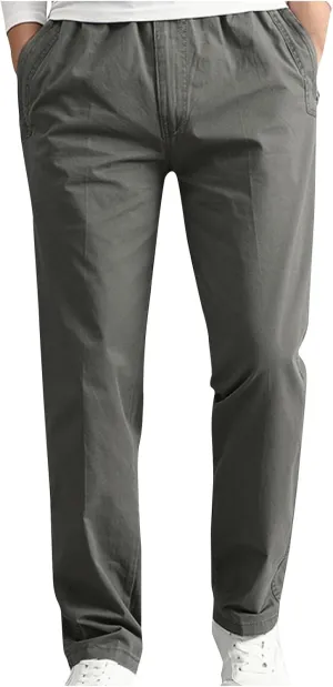 Cotton Men's Casual Chino Pants Elastic Relaxed Straight Leg Breathable Daily Travel Comfy Work Versatile Trousers