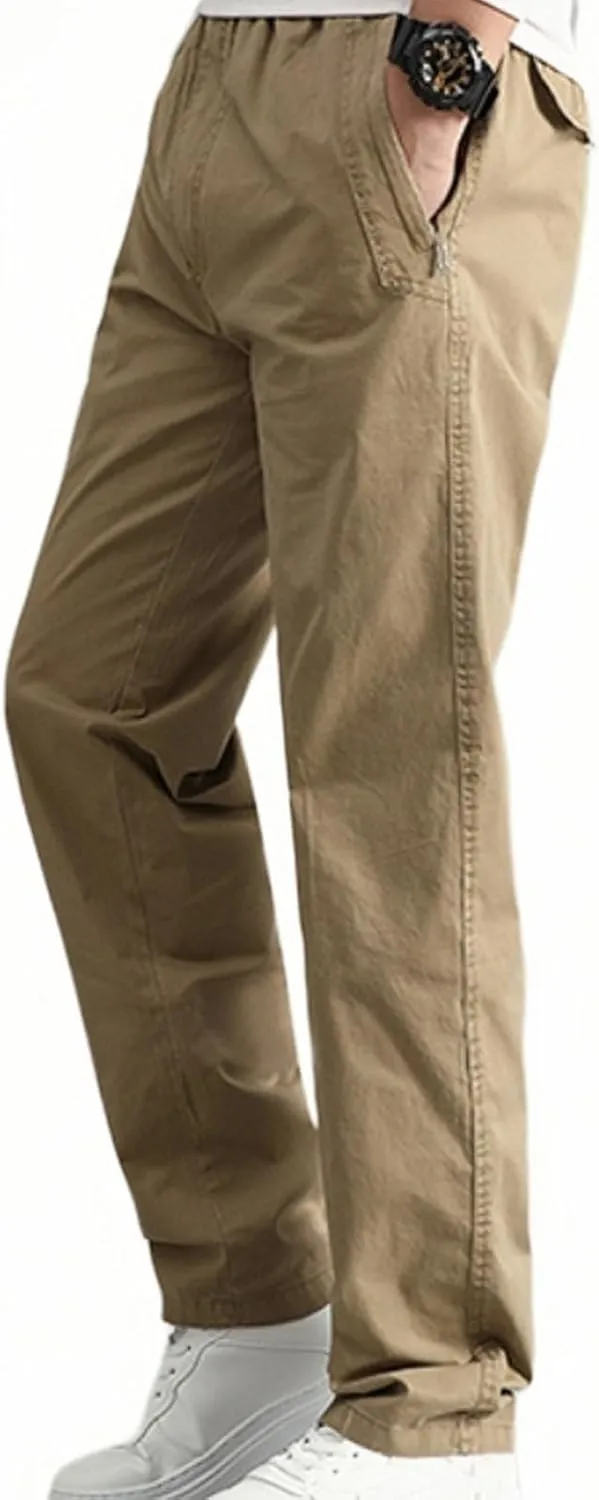 Cotton Men's Casual Chino Pants Elastic Relaxed Straight Leg Breathable Daily Travel Comfy Work Versatile Trousers