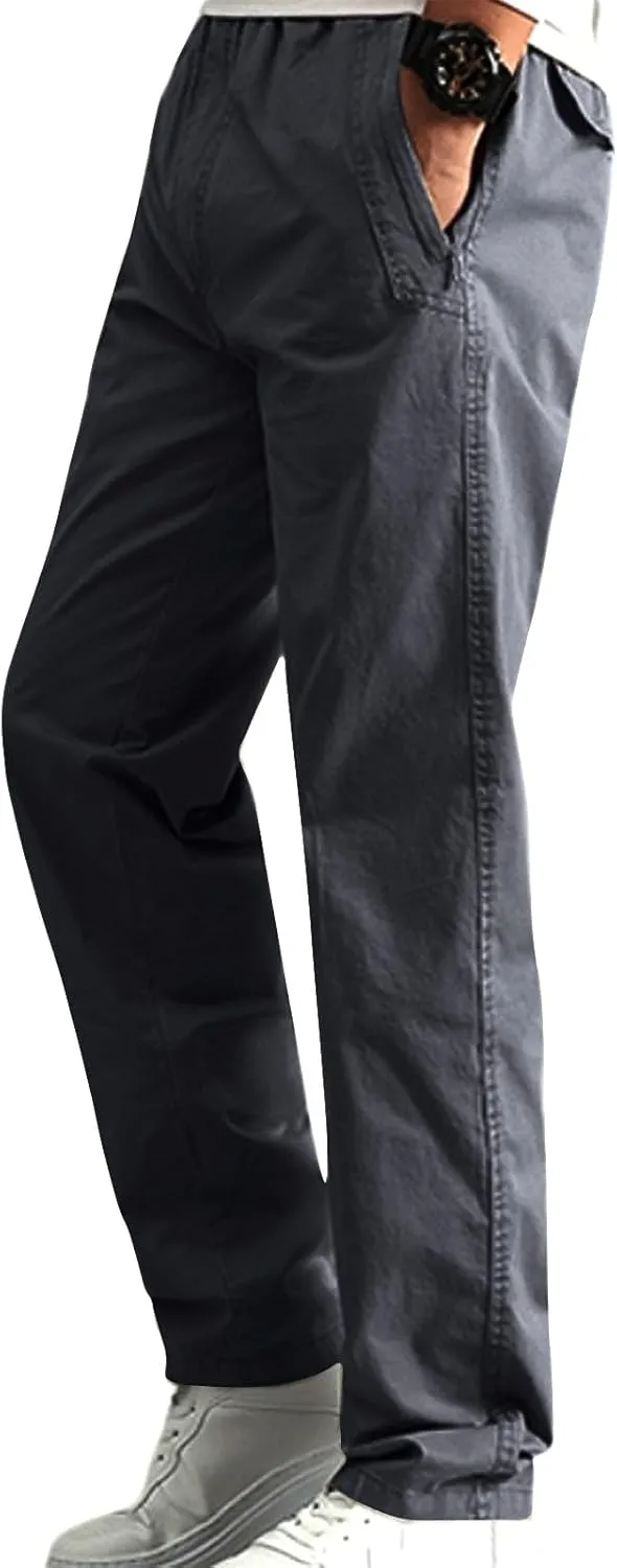 Cotton Men's Casual Chino Pants Elastic Relaxed Straight Leg Breathable Daily Travel Comfy Work Versatile Trousers