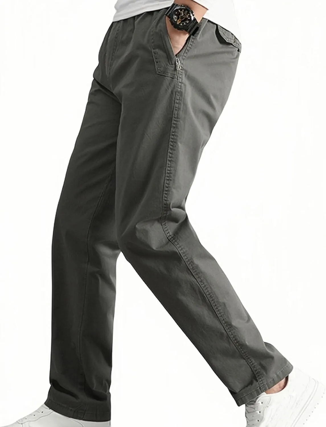 Cotton Men's Casual Chino Pants Elastic Relaxed Straight Leg Breathable Daily Travel Comfy Work Versatile Trousers