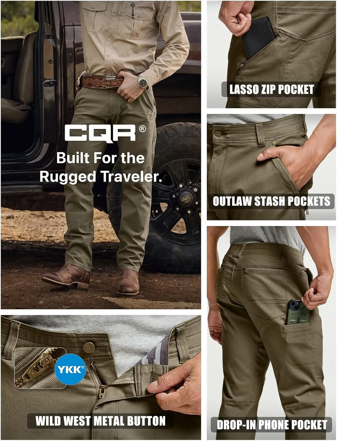 CQR Men's Motion Utility Casual Pants, Regular Fit Lightweight Work Pants, Water Resistant Outdoor Stretch Pants with Pockets