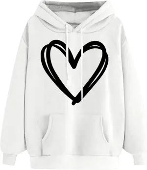 Cute Hooded Sweatshirt For Women 2024 Casual Long Sleeve Heart Graphic Hoodies Loose Comfy Fall Fashion Pullovers