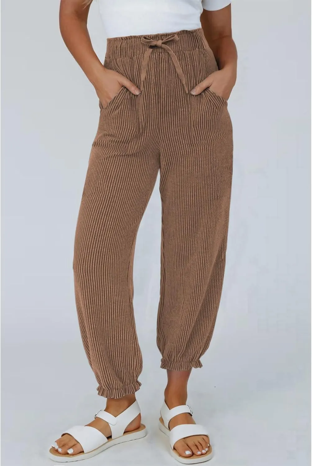 Dokotoo Womens Casual Pants Drawstring Textured 2024 High Waisted Ribbed Fall Long Carrot Baggy Trousers with Pockets