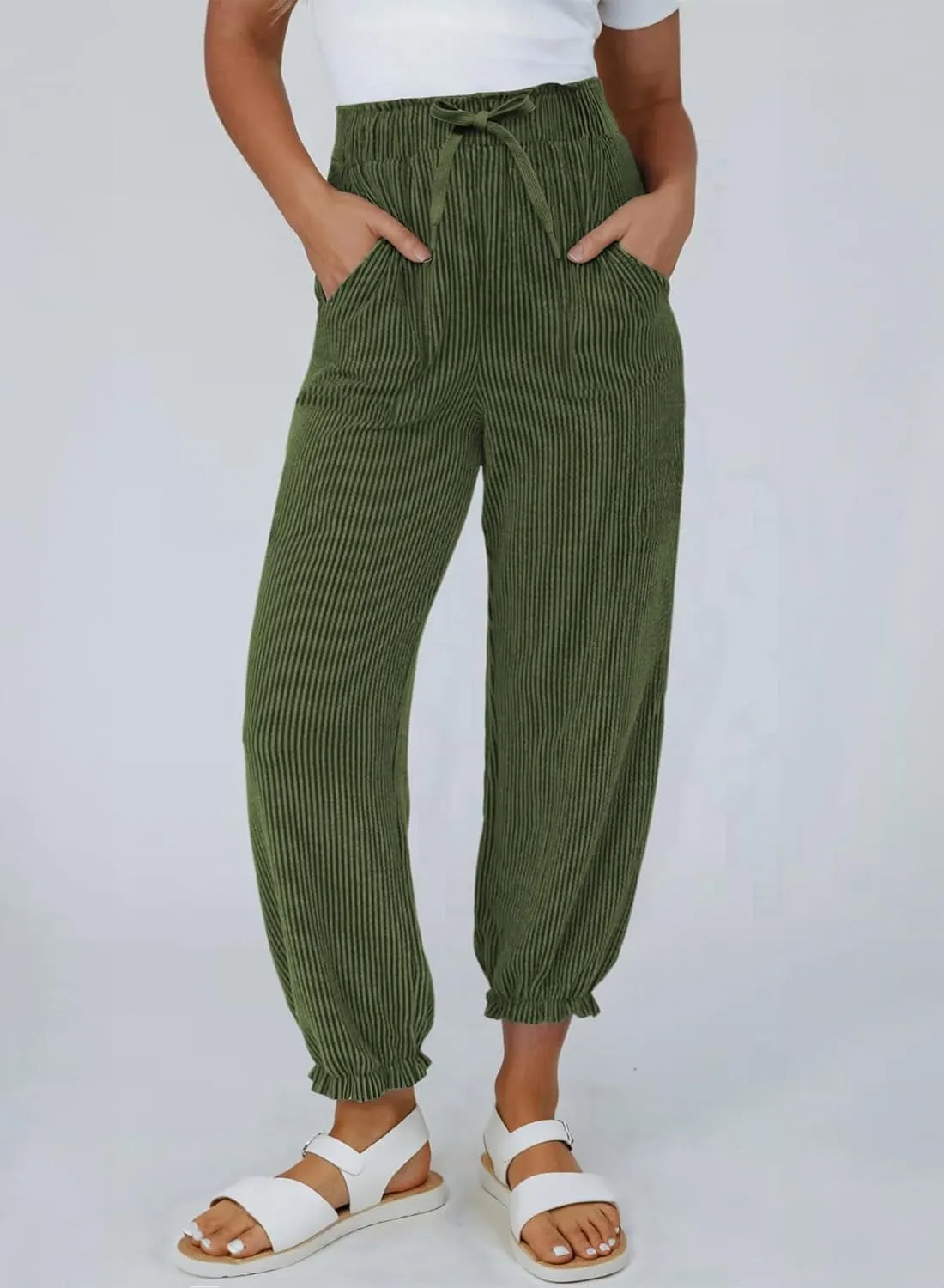 Dokotoo Womens Casual Pants Drawstring Textured 2024 High Waisted Ribbed Fall Long Carrot Baggy Trousers with Pockets