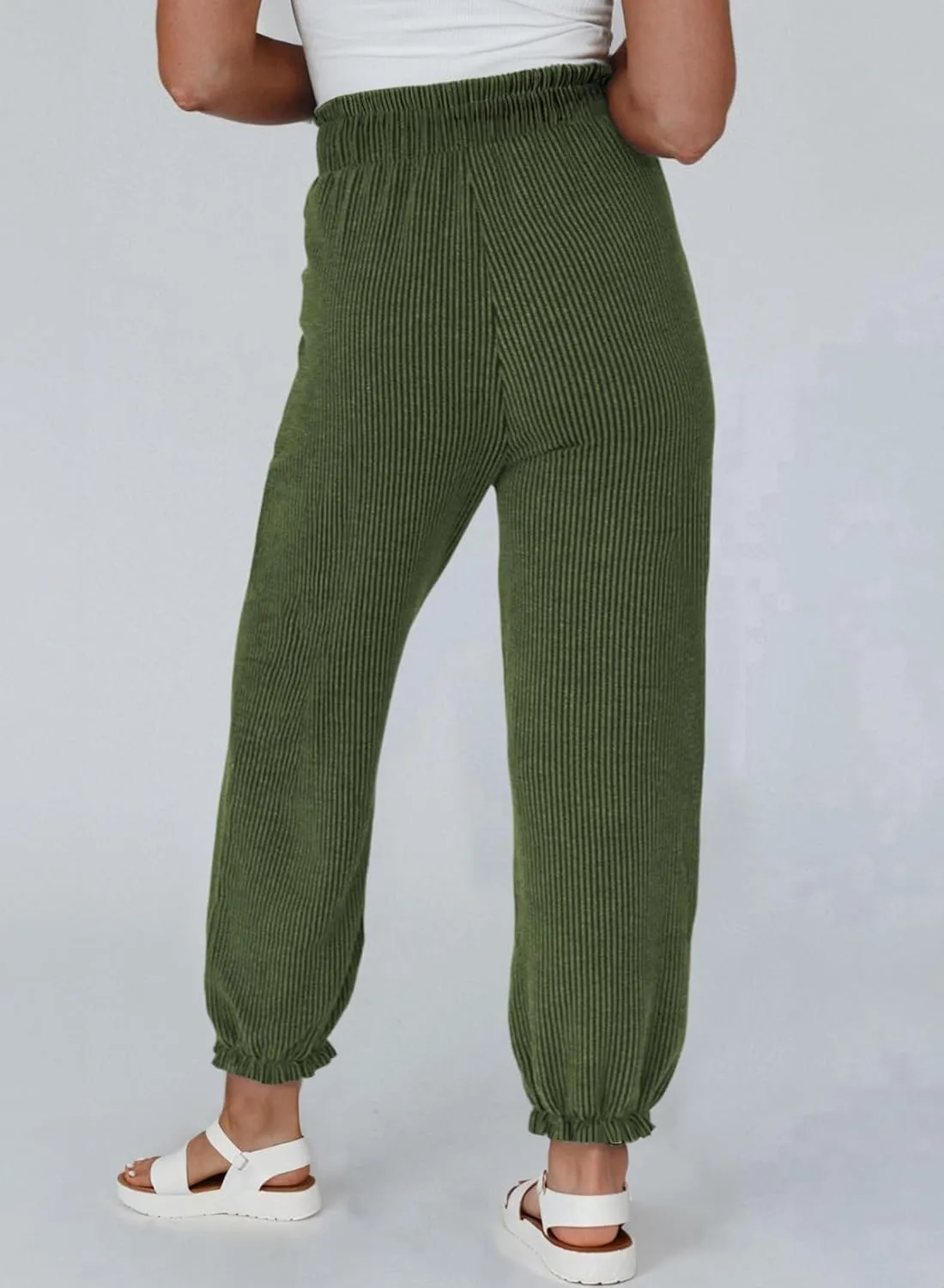 Dokotoo Womens Casual Pants Drawstring Textured 2024 High Waisted Ribbed Fall Long Carrot Baggy Trousers with Pockets