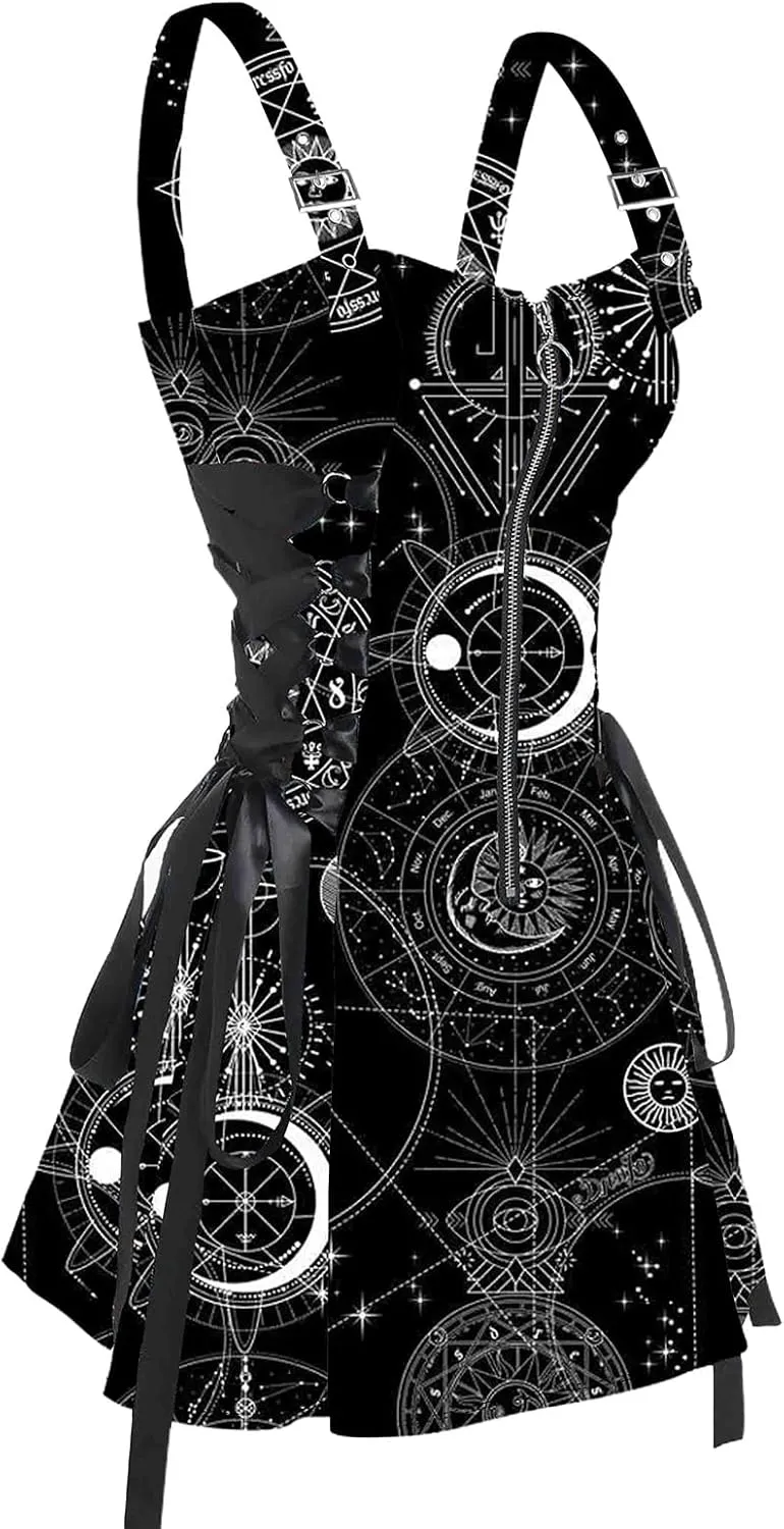 DRESSFO Women's Galaxy Butterfly Skull Mushroom Print Lace Up Mini Dress Half Zipper Adjustable Buckle Strap Dress