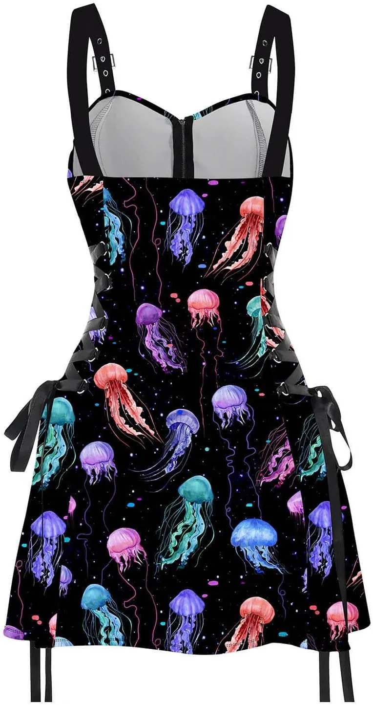 DRESSFO Women's Galaxy Butterfly Skull Mushroom Print Lace Up Mini Dress Half Zipper Adjustable Buckle Strap Dress