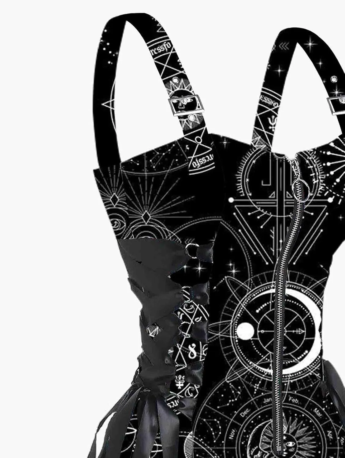 DRESSFO Women's Galaxy Butterfly Skull Mushroom Print Lace Up Mini Dress Half Zipper Adjustable Buckle Strap Dress