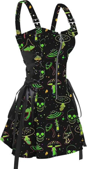 DRESSFO Women's Galaxy Butterfly Skull Mushroom Print Lace Up Mini Dress Half Zipper Adjustable Buckle Strap Dress