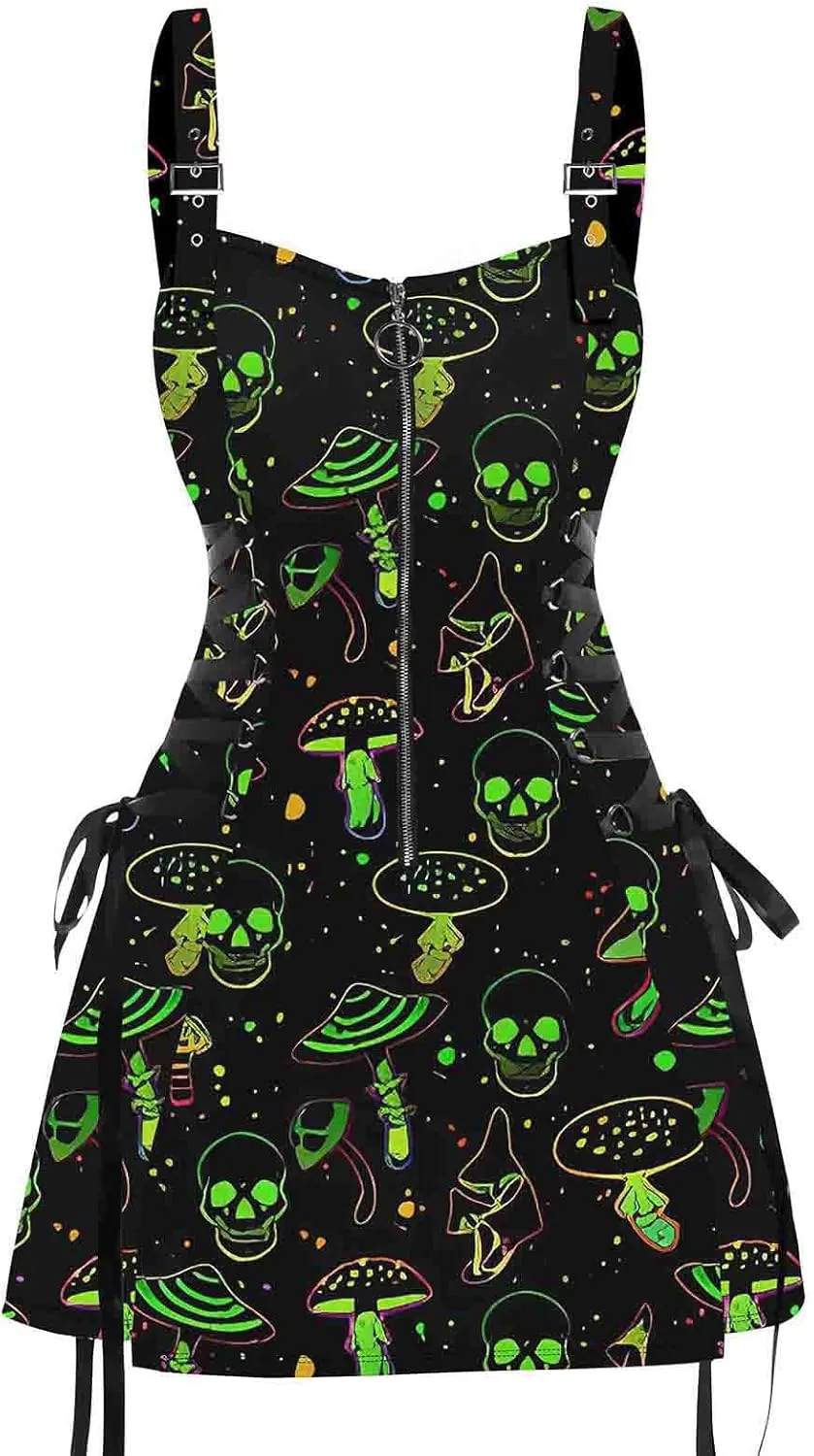 DRESSFO Women's Galaxy Butterfly Skull Mushroom Print Lace Up Mini Dress Half Zipper Adjustable Buckle Strap Dress